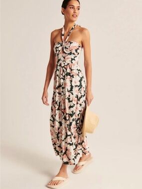 Abercrombie & Fitch Petite Pink Green Floral Halter Maxi Dress Linen NWOT XSP